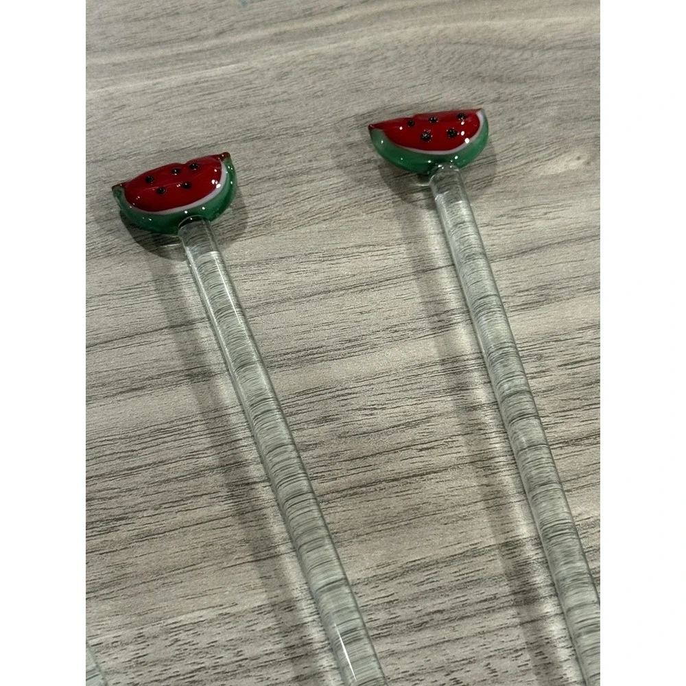 Hand Blown Glass‎ Watermelon Fruit Barware Swizzle Stir Sticks Set Lot of 5